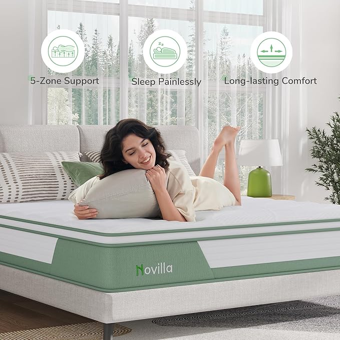 Novilla Mattress Full, 12 Inch 5-Zone Hybrid Mattress with Gel Memory Foam for Pressure Relief & Cool Night, Midume Firm Full Mattress in A Box