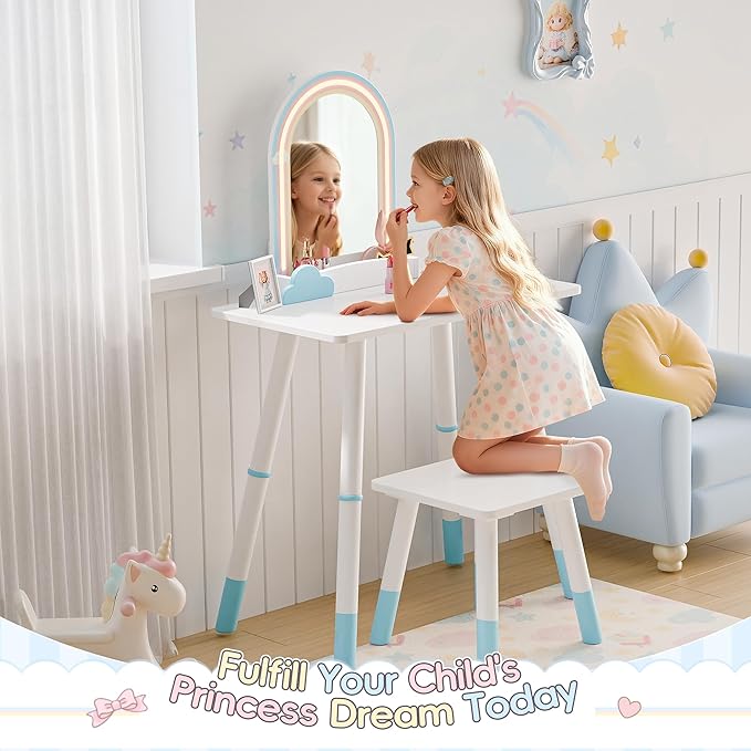 TOLEAD Blue Kids Vanity Table and Chair Set, Adjustable Height Kids Vanity with LED Lights, Princess Girls Vanity Set with Stool, Toddler Make Up Vanity Desk with Storage Space for Little Girls