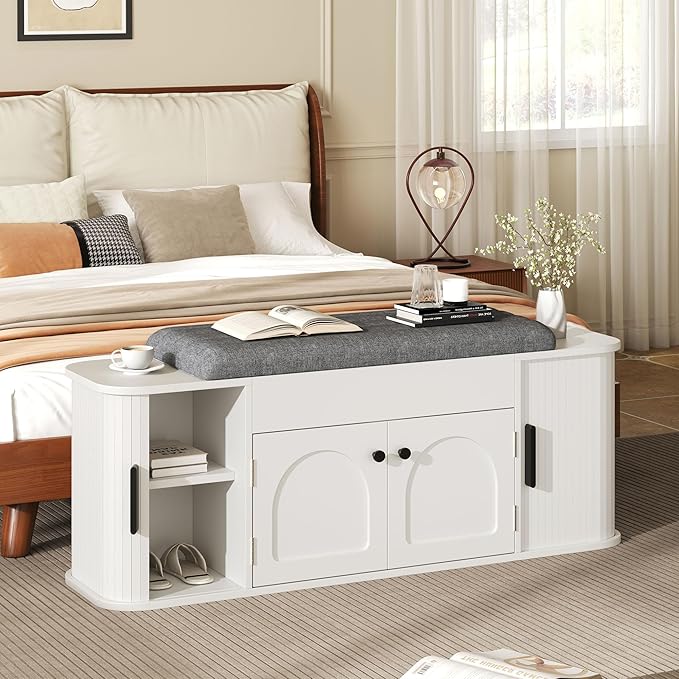 Einhomn 47.2'' Sliding Door Entryway Shoe Storage Bench with Seat Cushion, Shoe Rack with Lift-Top Hidden Storage & Adjustable Shelf, Bench for Bedroom End of Bed, White