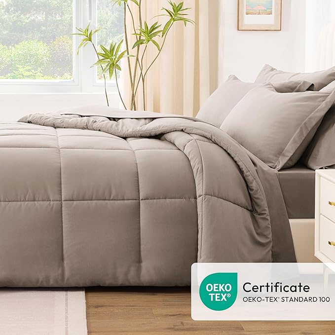 Love's cabin Twin XL Comforter Set Light Brown, 5 Pieces Twin XL Bed in a Bag, All Season Bedding Sets with 1 Comforter, 1 Flat Sheet, 1 Fitted Sheet, 1 Pillowcase and 1 Pillow Sham | Soft, Breathable, Lightweight, Comfortable