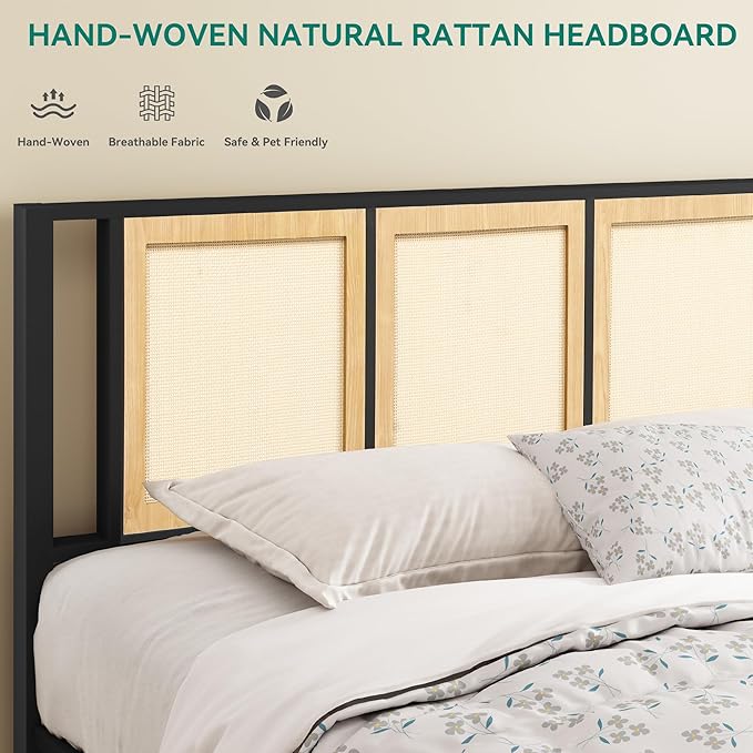 YITAHOME Natural Rattan King Bed Frame with Wooden Headboard and 2 Storage Drawers Underneath, Boho Cane Bed Platform Bed with Metal Slat, Noise Free, No Box Spring Needed