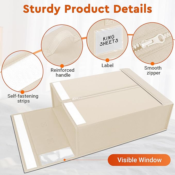 StorageTastic 4 Pack Bed Sheet Closet Organizers and Storage,Sturdy Foldable Storage Containers with Window and Label,Storage and Organization for Bedding Sheets,Duvet Covers,Blankets (Beige)