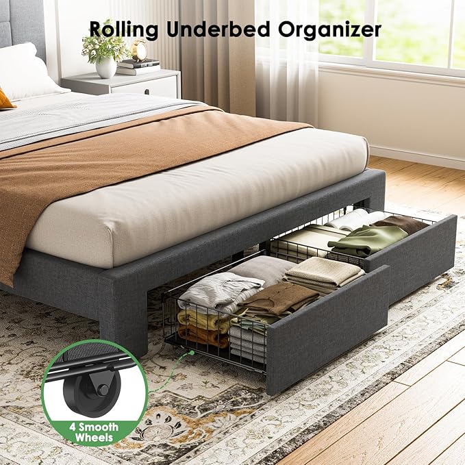 Marsail Queen Bed Frame with 2 Storage Drawers, Sturdy & Durable with 12 Support Legs, 1300 lbs Capacity, Solid Wooden Upholstered Adjustable Headboard for 6″–12″ Mattresses, Easy Assembly, Dark Gray