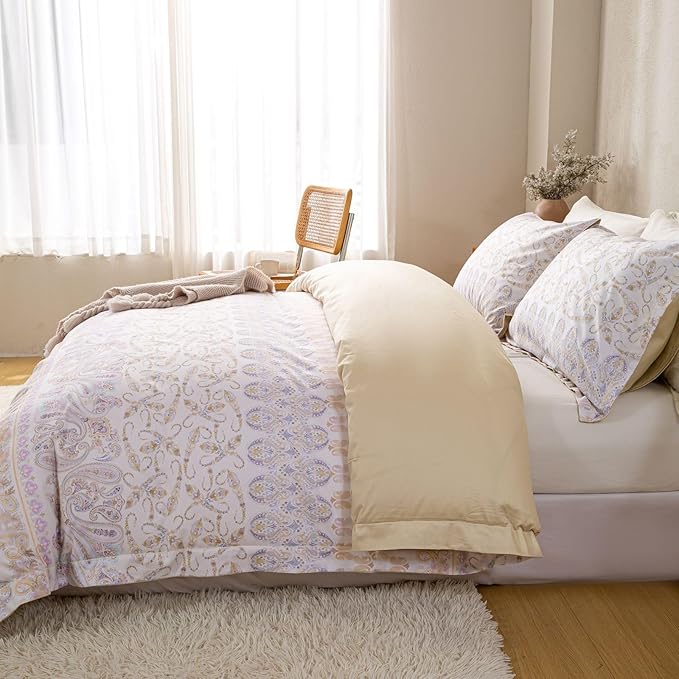 OAITE Duvet Cover Set Queen Size Floral Pattern Ultra Soft 100% Cotton Duvet Cover Sets 3-PC, Breathable Duvet Cover with Zipper Closure & Corner Ties(2 Pillow Shams,1 Duvet Cover)