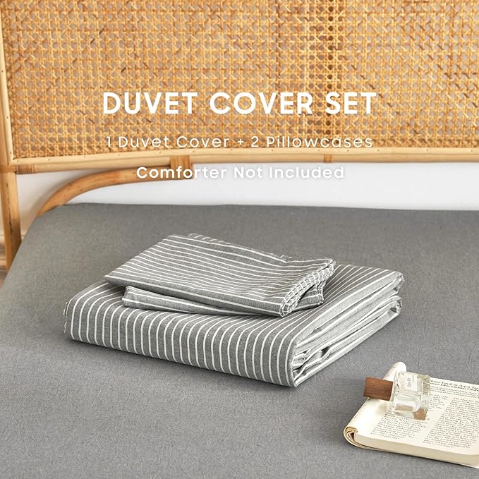 Wake In Cloud - Striped Cotton Duvet Cover Set, 100% Washed Cotton Textured Percale Bedding Set, Ticking Stripe Pinstripe Farmhouse, 3 Pieces, Grey, Twin Size