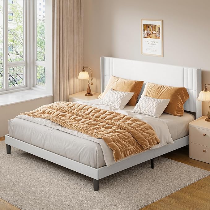 Gizoon King Bed Frame with Wingback Headboard, Upholstered Platform Bed with Modern Geometric Headboard, Wooden Slats, Noise-Free, No Box Spring Needed