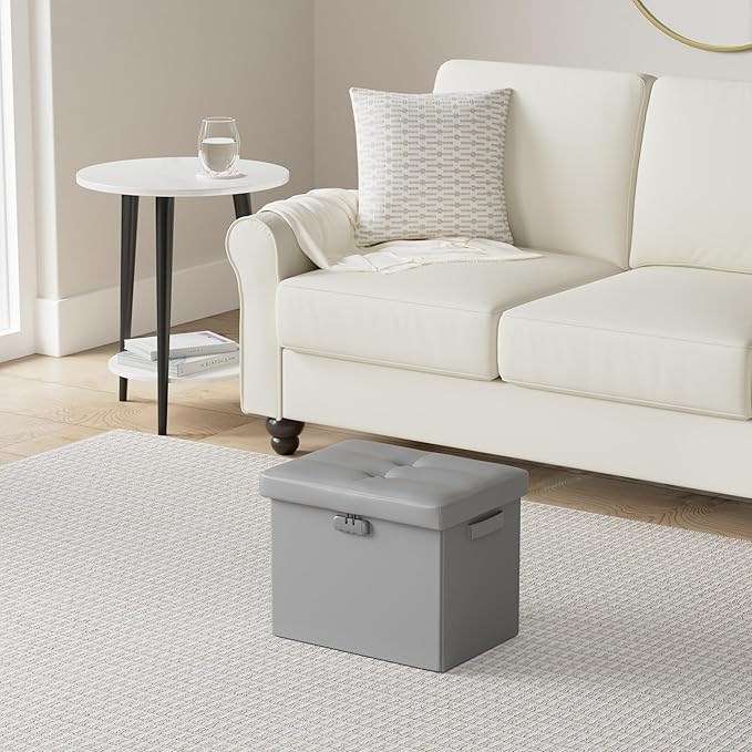 DocSafe Storage Ottoman with Lock,Fireproof Folding Ottoman Foot Rest Stool Storage Chest with Storage Safe for Important Documents,Waterproof 17 Inches Short Ottoman Foot Stool with Handles,Grey