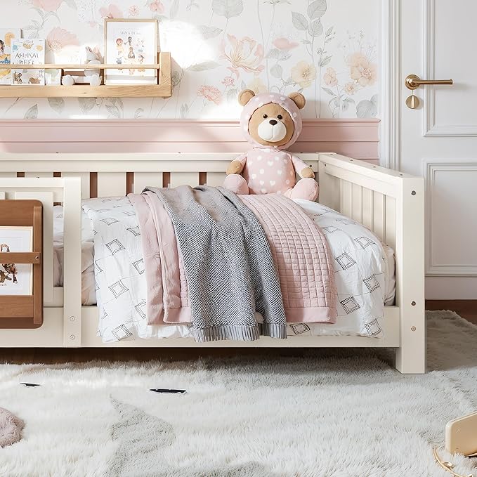 Bellemave Twin Size Kids Montessori Bed with Bookshelf,Solid Wood Twin Floor Bed Frame with Fence and Slats for Girls Boys,Low-Profile,Beige