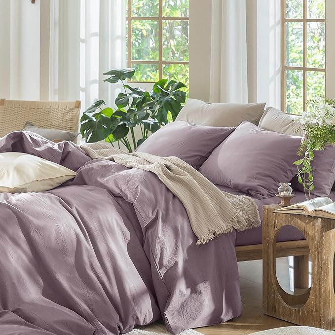 MooMee Bedding Duvet Cover Set 100% Washed Cotton Linen Like Textured Breathable Durable Soft Comfy (Solid Taro Purple, Oversized Queen 98"x98")