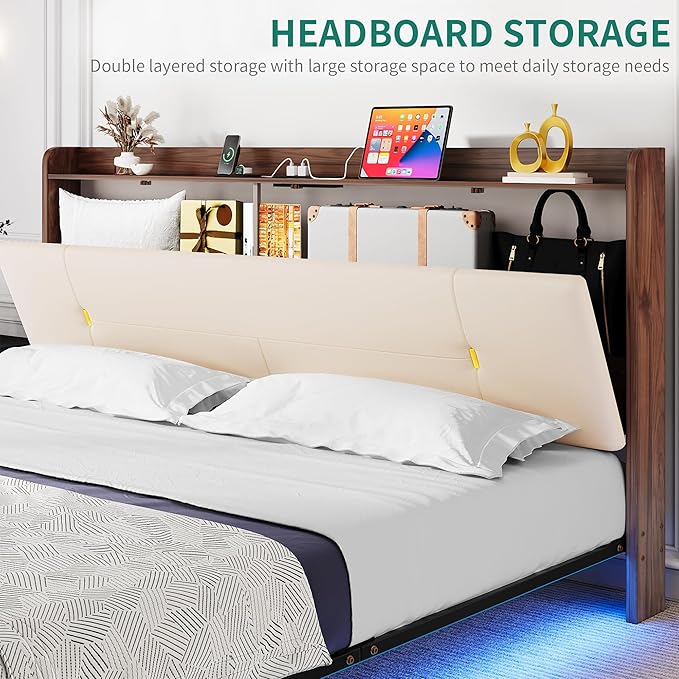 YITAHOME Queen Size Floating Bed Frame with Charging Station, Led Bed Frame with Hidden Storage Headboard, PU Upholstered Platform Bed, Heavy Duty Metal Slats, No Box Spring Needed, Light Grey