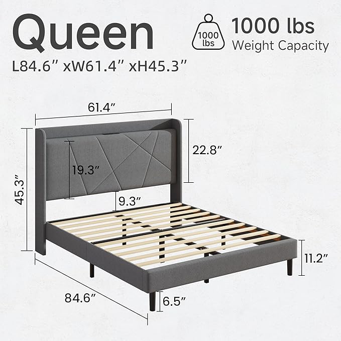 Queen Size Linen Bed Frame, Storage Headboard with Charging Station, Upholstered Platform Bed with Wooden Slats Support, Solid and Stable, Noise Free, No Box Spring Needed, Easy Assembly, Gray