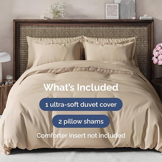 Duvet Cover Queen Size Set - Extra Soft Queen Duvet Cover 90" x 90" with 2 Pillow Shams - Hotel Luxury, Easy Care and Fade Free w/ Zipper Closures & Ties - All Season, Comfy, Cozy & Breathable (Cream)