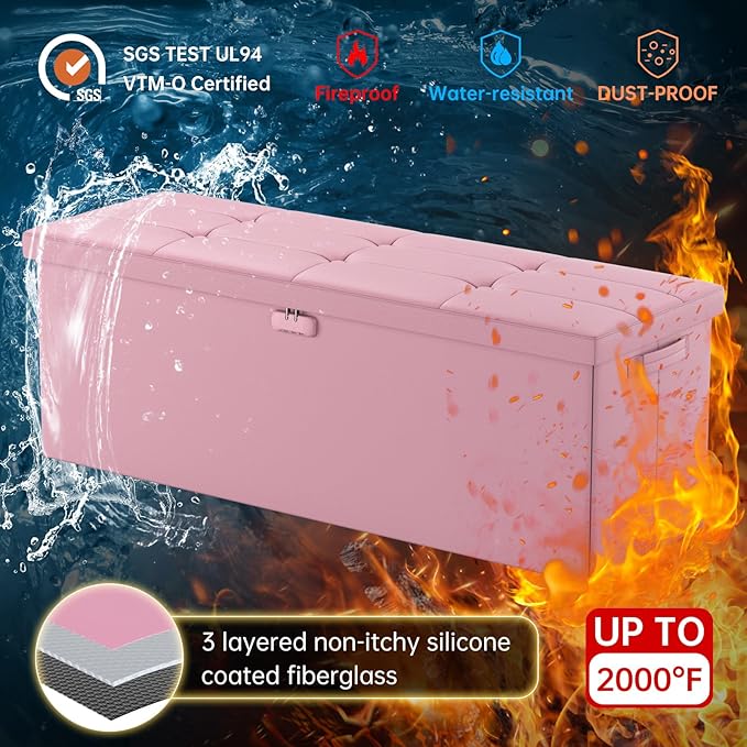 ENGPOW Storage Ottoman, Fireproof Folding Bench with Lock(15”x 43”x15”), Water-Resistant ＆ Heat Insulation Large Storage Chest with Handles＆2 Extra Spaces Safe for Living Room, Bedroom, Home, Pink