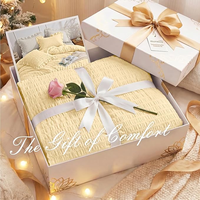 JOLLYVOGUE King Size Comforter Set, 3 Pieces Light Yellow Seersucker Comforters King Size, Lightweight & Fluffy Bedding Sets King for All Season with 1 Ruffle Comforter and 2 Ruffle Pillowshams