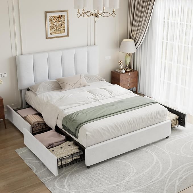 VECELO Full Size Bed Frame with 4 Storage Drawers, Adjustable Height Headboard, Heavy-Duty Platform Bedframe with Strong Wooden Slats, No Box Spring Needed, Pure White