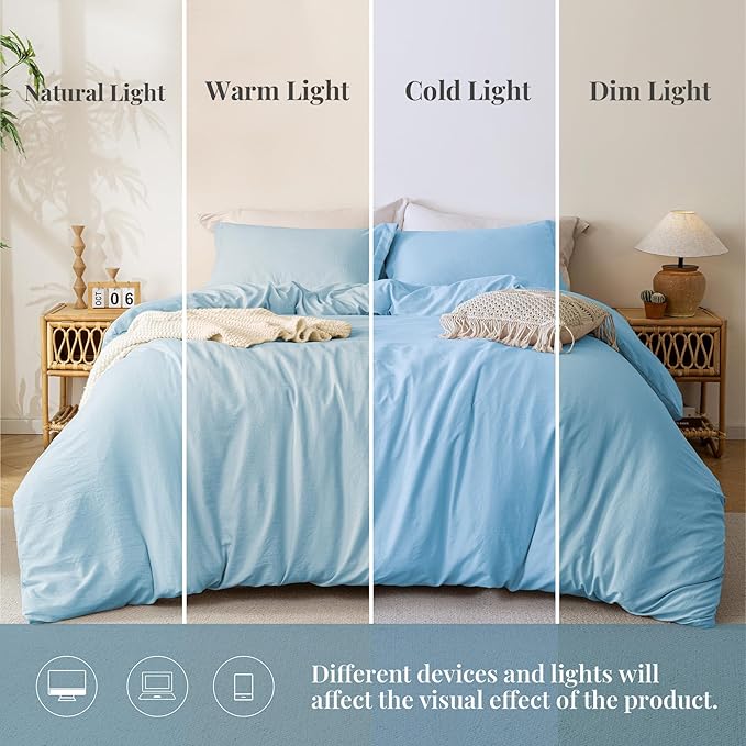 MILDLY Super Soft Duvet Cover - 100% Washed Microfiber Cool Blue Comforter Cover Set 3 Pieces with Zipper Closure & Corner Ties (No Comforter)