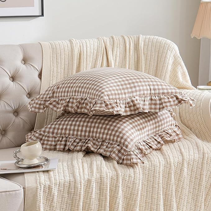 2 Pack Taupe/Brown Plaid Ruffle Throw Pillow Covers Farmhouse Checkered Chic Washed Cotton Pillowcases Gingham Pillow Shams for Bed, Sofa, Living Room-20"x20" Brown