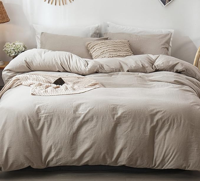 MooMee Bedding Duvet Cover Set 100% Washed Cotton Linen Like Textured Breathable Durable Soft Comfy (Heathered Tannish Linen Grey, King 104"x90")