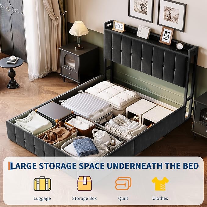 Garvee Full Size Lift Up Storage Bed, Upholstered Velvet Bed Frame with Storage Headboard, Metal Platform Bed, No Box Spring Needed, Solid Wooden Slats, Noise Free, Black