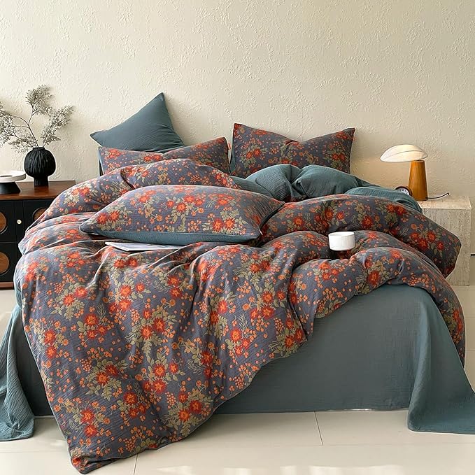 VM VOUGEMARKET Boho Vintage Floral Double Layer Gauze Jacquard Duvet Cover Set King, Dusty Smoky Blue Soft Breathable Cotton Muslin Bedding Set for Bedroom Decor