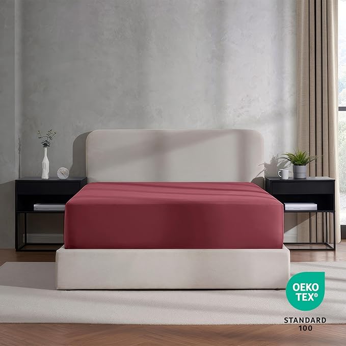 Nestl 4 Pack Burgundy Red Fitted Sheet Extra Deep Pocket, Hotel Luxury TwinFitted Sheet Only Easily Fits 18 to 24 Inch Mattress, Super Soft, Wrinkle-Free and Breathable with Corner Straps