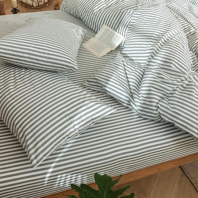 MooMee Striped Duvet Cover Set 100% Washed Cotton Linen Like Textured Breathable Durable Soft Comfy (Heathered Green Classic Stripes, Super King 108"x98")