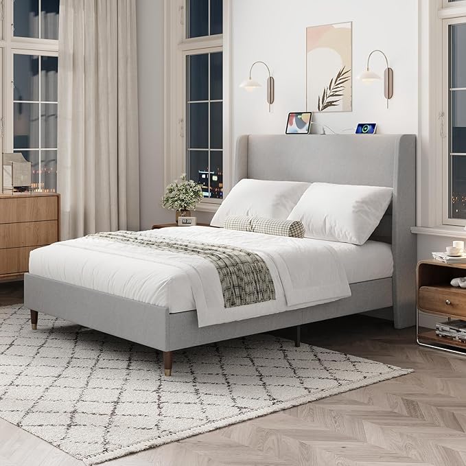 MALOL Queen Size Bed Frame with Upholstered Headboard, Linen Fabric Platform Bed Frame with USB Charging Ports, No Box Spring Needed, Sturdy Metal Support, Noise Free, Modern Bedroom Furniture,Grey