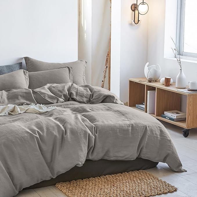 Simple&Opulence 100% Linen Duvet Cover Set 3pcs Basic Style Natural French Washed Flax Solid Color Soft Breathable Farmhouse Bedding with Button Closure - Dove Grey, Queen