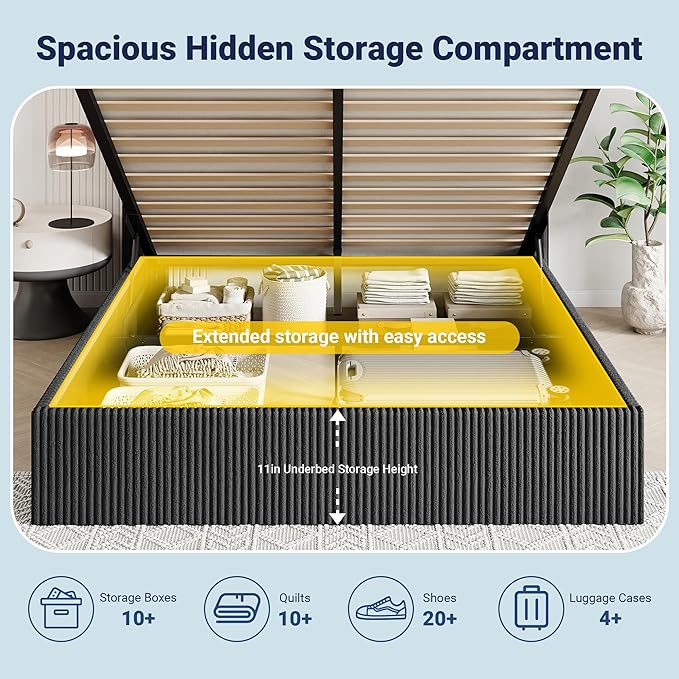Allewie Full Lift-Up Storage Bed Frame with Modern Wingback Headboard, Corduroy Upholstered Platform Bed, Hydraulic Gas Lift Support, Underbed Storage, Wooden Slats, No Box Spring Needed, Black