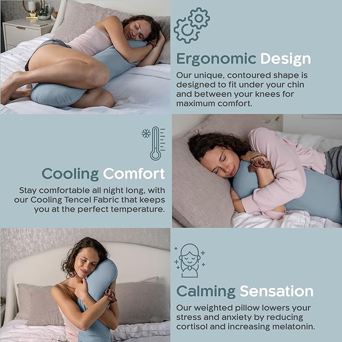SleepCloud Weighted Body Pillow 6.5lbs - Weighted Pillow for Deeper Sleep (41” x 10”) - Cooling Body Pillows for Adults, Side Sleeper Body Pillows with Cover (Arctic Blue)