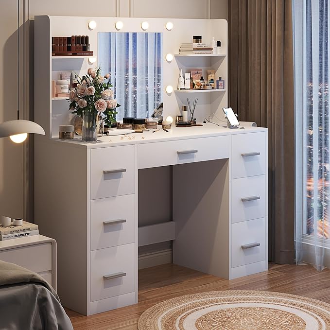 YESHOMY Vanity Desk with Mirror, Power Outlet and 10 Lights, Makeup Table with 7 Drawers, 3 Color Modes Available for Bedroom, White