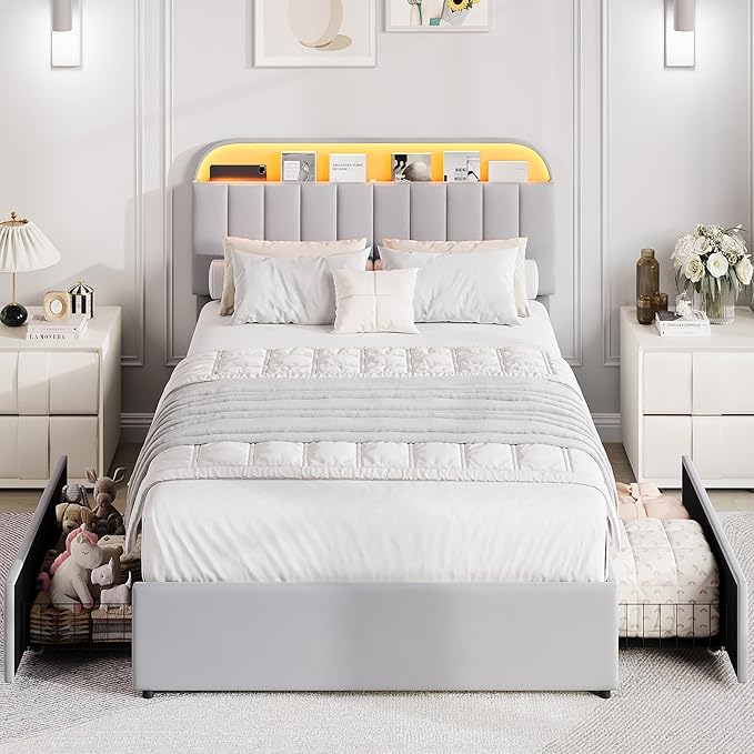 GarveeHome Full Bed Frame with Storage Headboard, Kids Bed Frame with 2 Drawers, Velvet Upholstered Platform Bed Frame with Lights, No Box Spring Needed, Easy Assembly, Velvet Grey