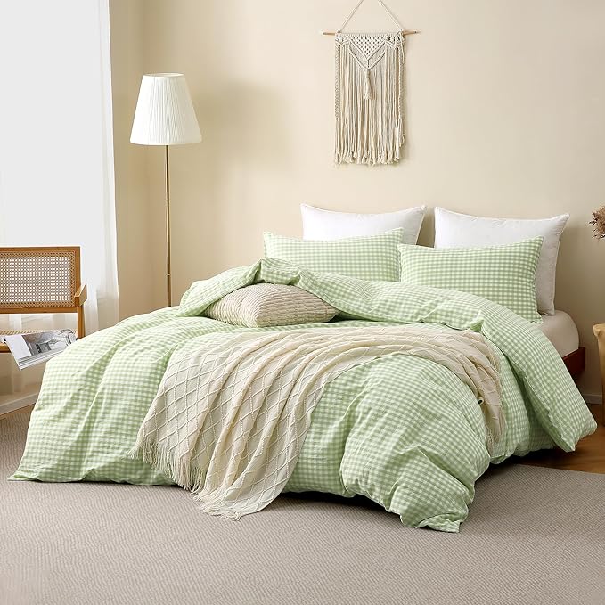 TOCOMOA Plie Green Gingham Duvet Cover Bedding Set 100% Washed Cotton Like Linen Feel Super Soft Comfy 3 Piece Vintage Plaid Checkered Comforter Cover Set (Queen 90"x90", Comforter Not Included)