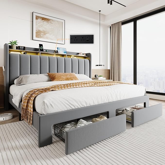SHA CERLIN Velvet King Size Bed Frame with Vertical Channel Tufted Wingback Headboard & 2 Storage Drawers/2-Tier Shelves with LED Lights & Charging Station/Noise-Free/No Box Spring Needed/Light Grey