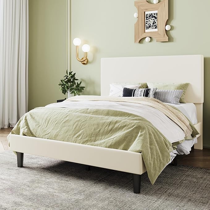 SHA CERLIN Full Size Platform Bed Frame with Adjustable Headboard and Wooden Slats Support, Velvet Upholstered Mattress Foundation, No Box Spring Needed, Easy Assembly, Soft Cream