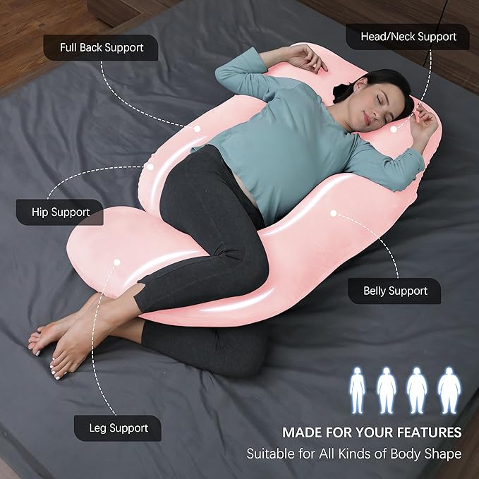 MOON PARK Pregnancy Pillows for Sleeping - U Shaped Full Body Maternity Pillow with Removable Cover - Support for Back, Legs, Belly, Hips - 57 Inch Pregnancy Pillow for Women - Pink