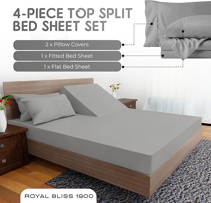 Top Split King Sheets Sets for Adjustable Bed, 4 Pcs Deep Pockets Double Brushed Microfiber Sheets, 34 Inch Split Top Fitted Sheet, 1 King Flat Sheet and 2 Pillowcases - Silver