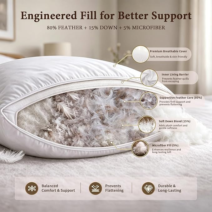BHZ Goose Down Feather Standard/Queen Pillow, Luxury Hotel Collection Bed Pillow for Sleeping, Firm Soft Support for Side & Back Sleepers for Apartment College Dorm Room Essentials, White