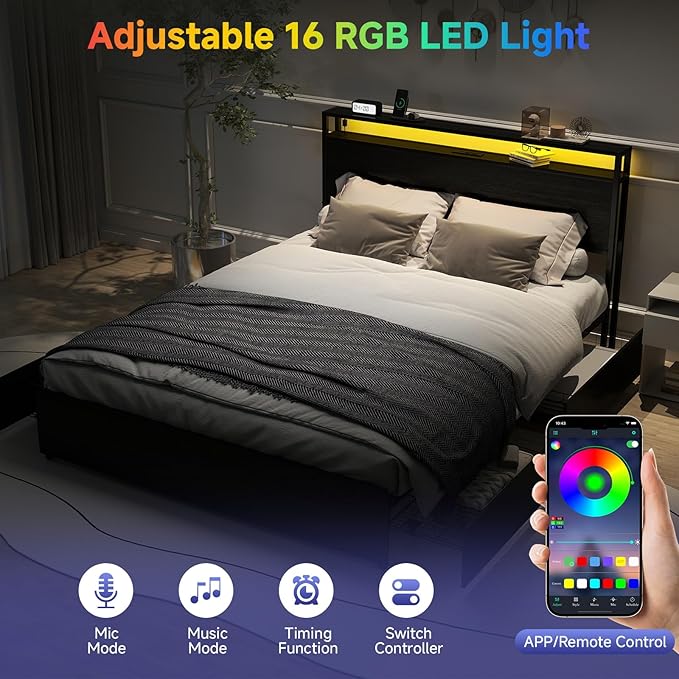 Zevemomo Queen Bed Frame with 4 Storage Drawers, Queen Size Bed Frame with Headboard, LED, Charging Station with USB Ports & AC Outlets, Sturdy Metal Slat Support, No Noise, Black