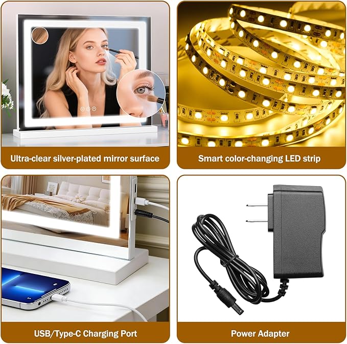 Vanity Mirror with Lights 23"x19", LED Makeup Mirror, 3 Color Lighting Modes, 10X Magnification, Smart Touch Control, Dimmable, Aluminum Metal Frame, Lighted Up for Vanity Desk (White)