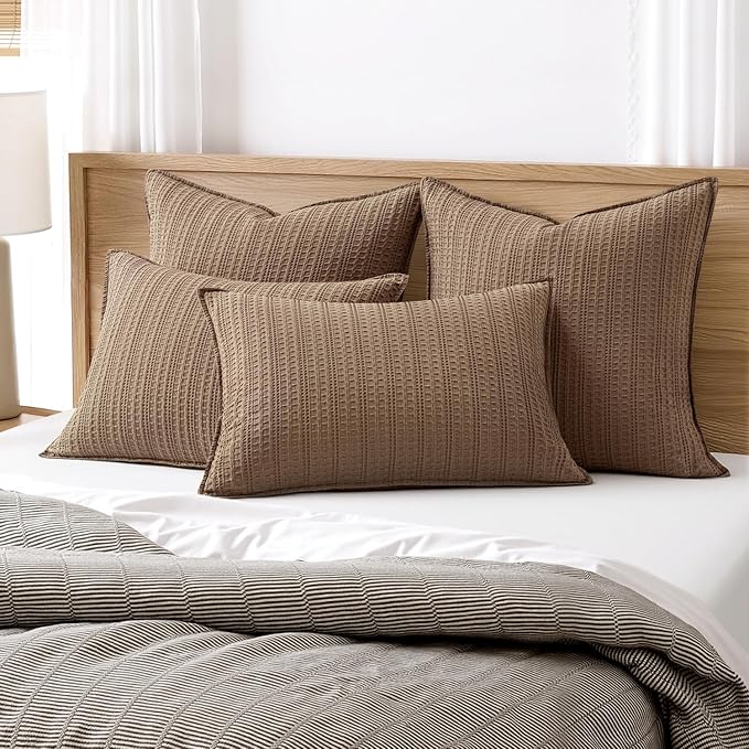 Set of 2 Decorative 100% Cotton Waffle Euro Sham Pillow Covers 24x24, Neutral Throw Pillows Weave European Cushion Cases for Couch Sofa Bed Modern Farmhouse Home Decor, Brown