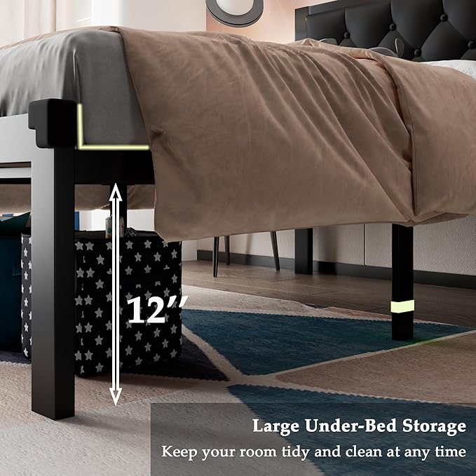 Feonase Twin Size Metal Bed Frame with Faux Leather Button Tufted Headboard, Heavy-Duty Platform Bed Frame with 12" Storage, Steel Slats Support, No Box Spring Needed, Noise Free, Black