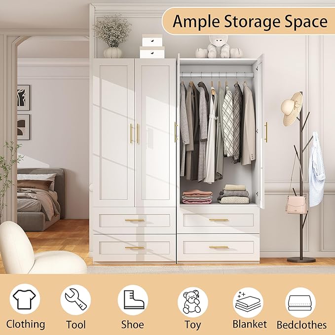 White Wardrobe with 4 Doors: 75" Tall Armoire Wardrobe Closet with 4 Drawers, Bedroom Closet Cabinet for Hanging Clothes, Wooden Storage Armoire with Shelves (Contemporary, 2)