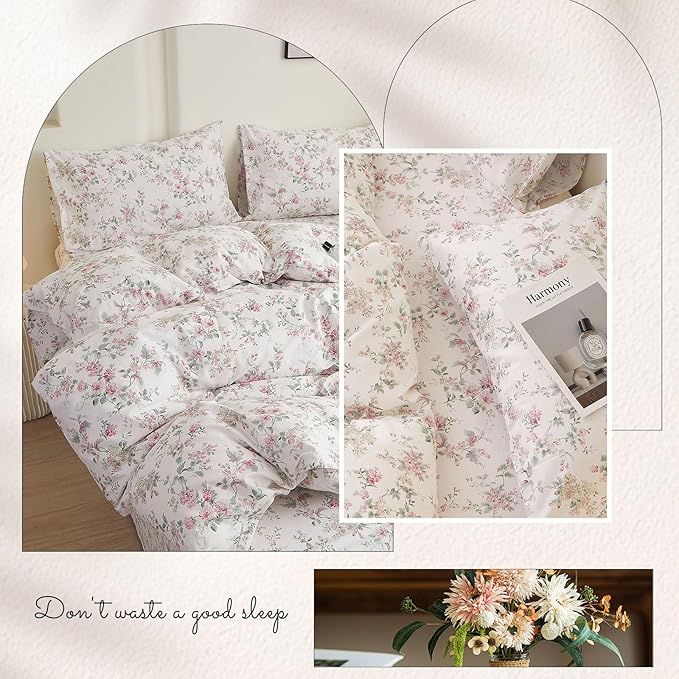 VM VOUGEMARKET Girl's Pink Flower Duvet Cover Set Twin,Pure Cotton Bedding Set Vintage Floral Prints on White Duvet Cover Conquette Cottagecore for Teen Girls
