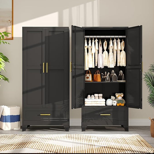 Metal Armoire Wardrobe Closet with Drawers,Storage Cabinet with Hanging Rod,71'' Metal Wardrobe Cabinet with 2 Doors and Adjustable Shelves for Bedroom, Laundry Room, Cloak Room