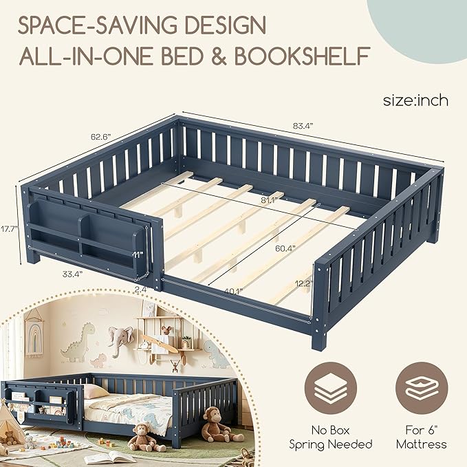 Bellemave Queen Floor Bed Frame with Fence & Bookshelf, Solid Pinewood Montessori Floor Bed Frame Queen with Slats Load 550LBS, Low Floor Bed for Kids, Bedroom, Nursery, Easy Assembly, Blue