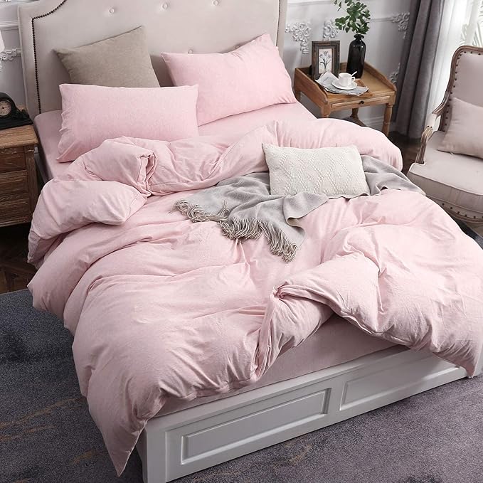 PURE ERA Jersey Knit Duvet Cover Set 100% T-Shirt Cotton Super Soft Comfy 3pc Bedding Set with Zipper Closure (Heather Pink, King)