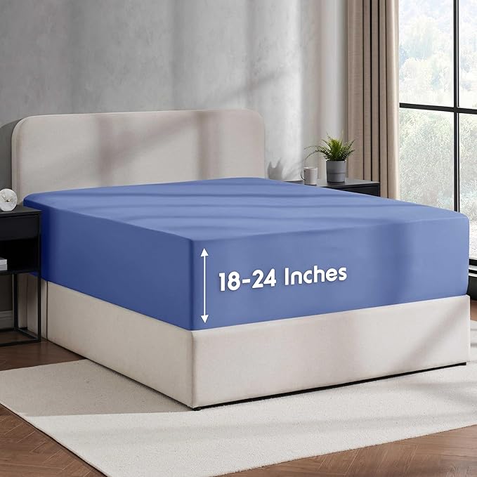 Nestl Royal Blue Extra Deep Pocket King Fitted Sheet Only, Hotel Luxury King Size Fitted Sheets Easily Fits 18 to 24 Inch Mattress, Super Soft, Wrinkle-Free, and Breathable Sheets with Corner Straps