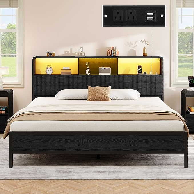 King Headboard Only, 78.7" Wide Wooden Headboard King Size with Storage, Modern Farmhouse Head Board with Outlets & USB Ports, Wall Mounted Headboards with Color-Changing LED, Black