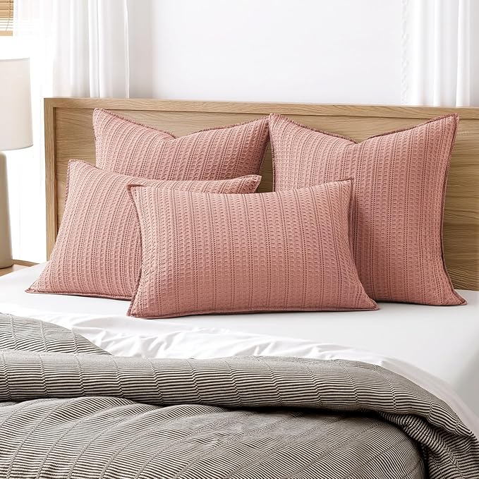 100% Cotton Waffle Pillow Shams Standard Size, 2 Pack 20x26 Decorative Pillow Covers for Bed Couch Sofa, Neutral Weave Cushion Cases Modern Farmhouse Home Decor Valentines Day, Pink